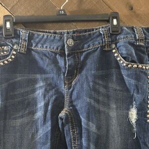 Rock & Roll Cowgirl Distressed Blue Jeans with Studs